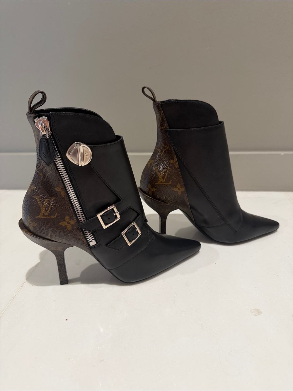 Louis Vuitton Black and Brown Monogram Pointed-Toe Ankle Boots